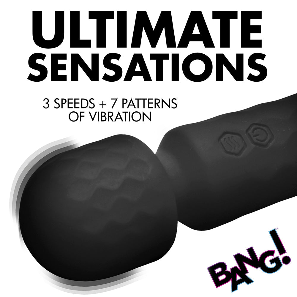 Black silicone wand vibrator with textured head and control buttons.