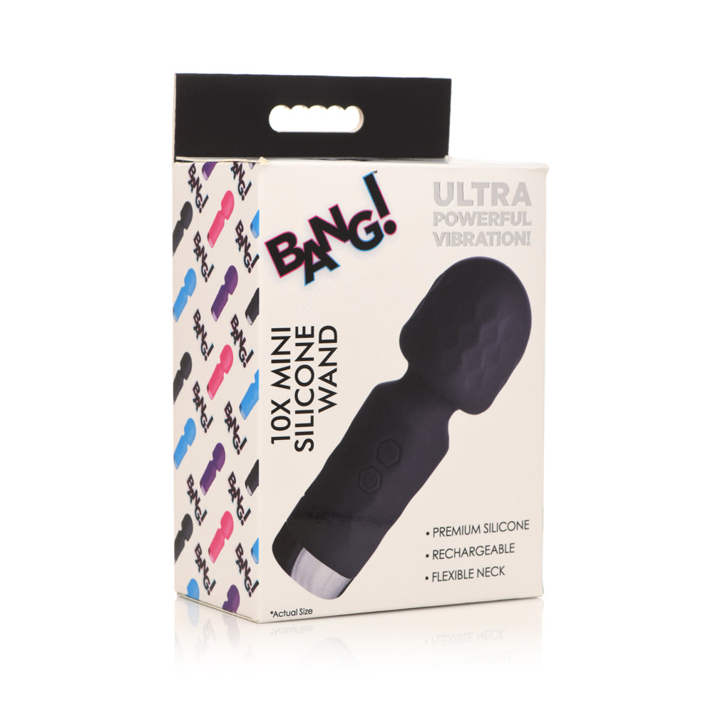 Black mini silicone wand vibrator with "BANG!" branding and product details on the box.