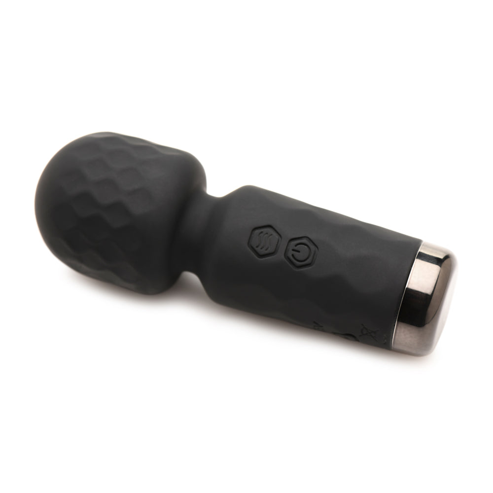 Black mini silicone wand vibrator with textured head and control buttons.