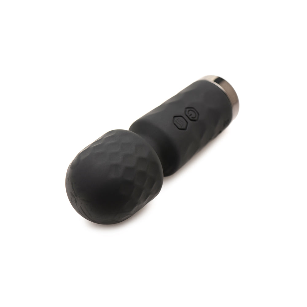 Black silicone wand vibrator with textured head and metallic end.