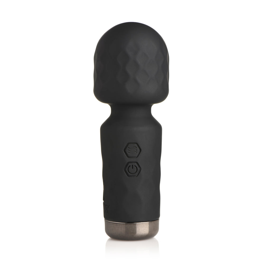 Black silicone wand vibrator with textured head and two control buttons.