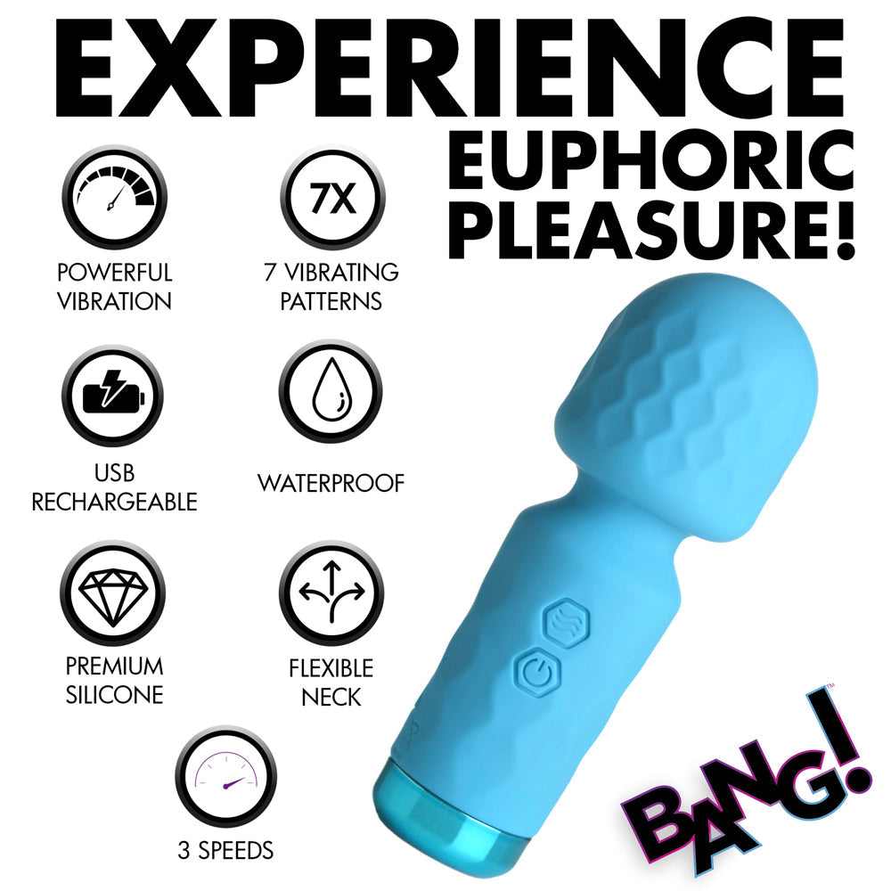 A blue silicone wand vibrator with features like powerful vibration, USB rechargeable, and flexible neck.