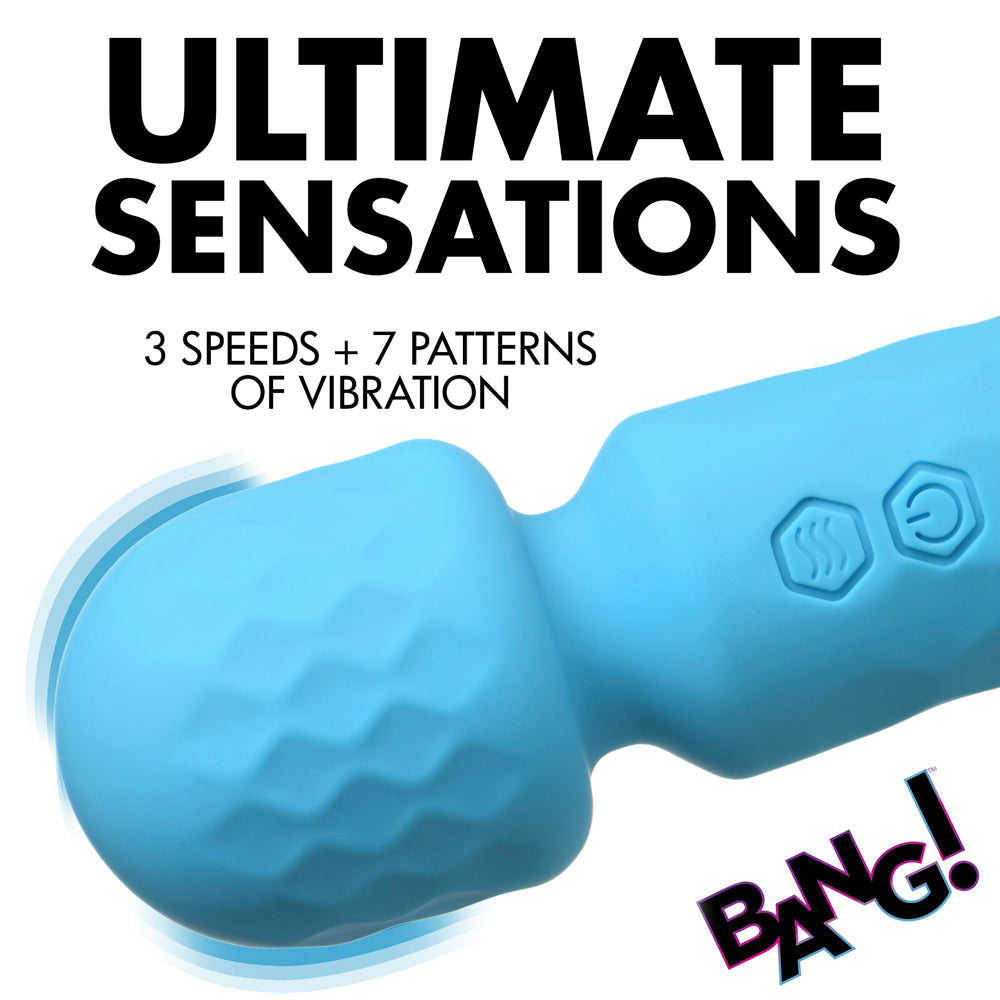A blue silicone wand vibrator with textured head and control buttons.