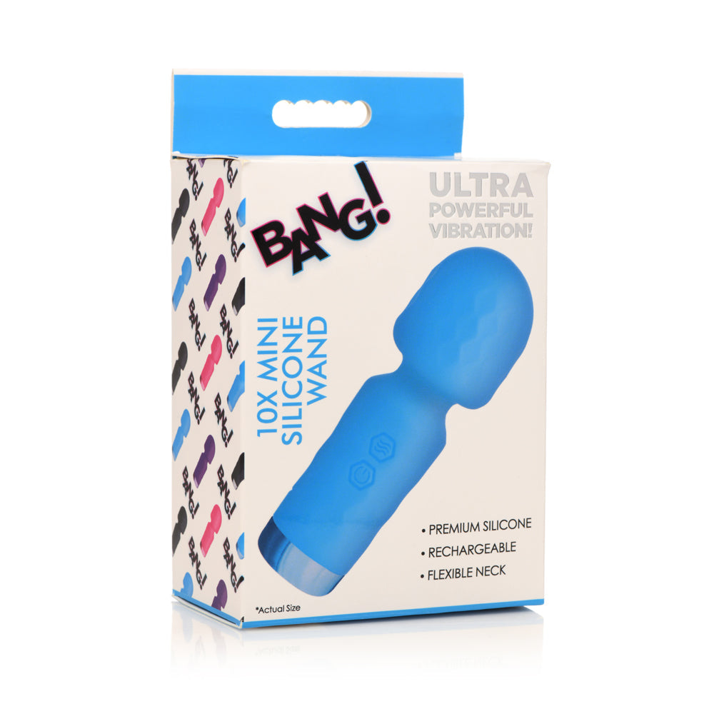 A blue mini silicone wand vibrator with "BANG!" branding on its box.
