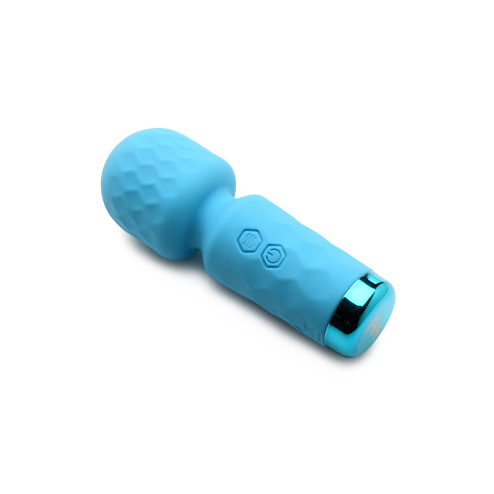 A blue silicone wand vibrator with a textured head and control buttons.