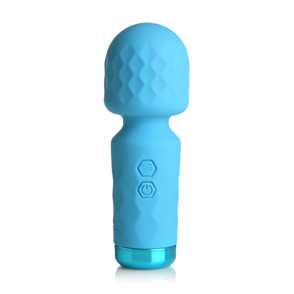 A blue silicone wand vibrator with a textured head and two control buttons.