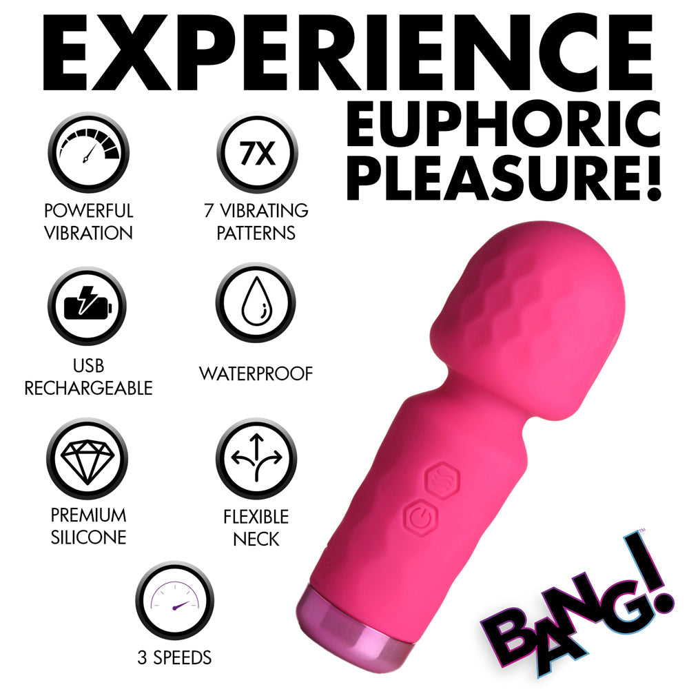 Pink mini wand vibrator with 7 patterns, USB rechargeable, and waterproof.