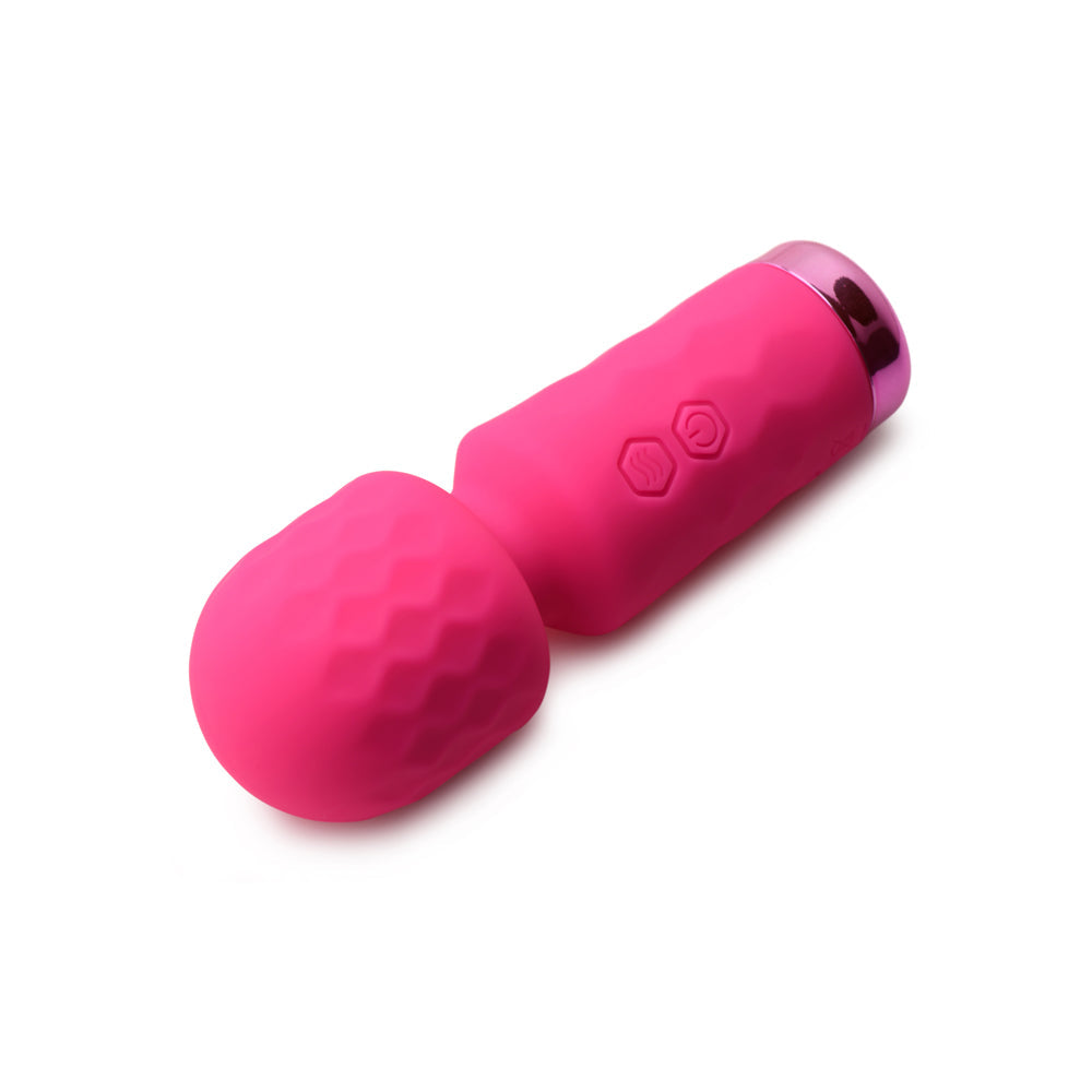 Pink silicone wand vibrator with textured head and control buttons.