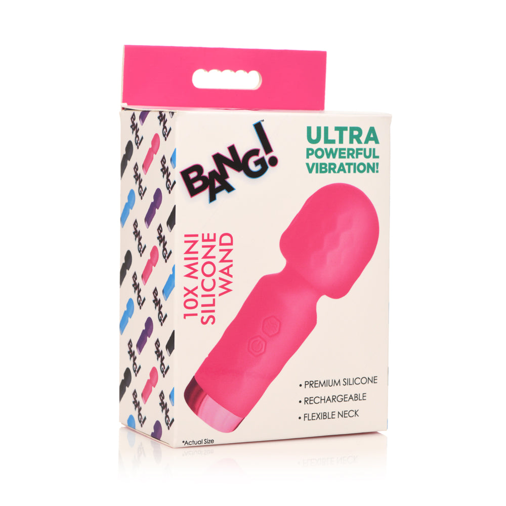 Pink mini silicone wand vibrator with "BANG!" logo and product details.