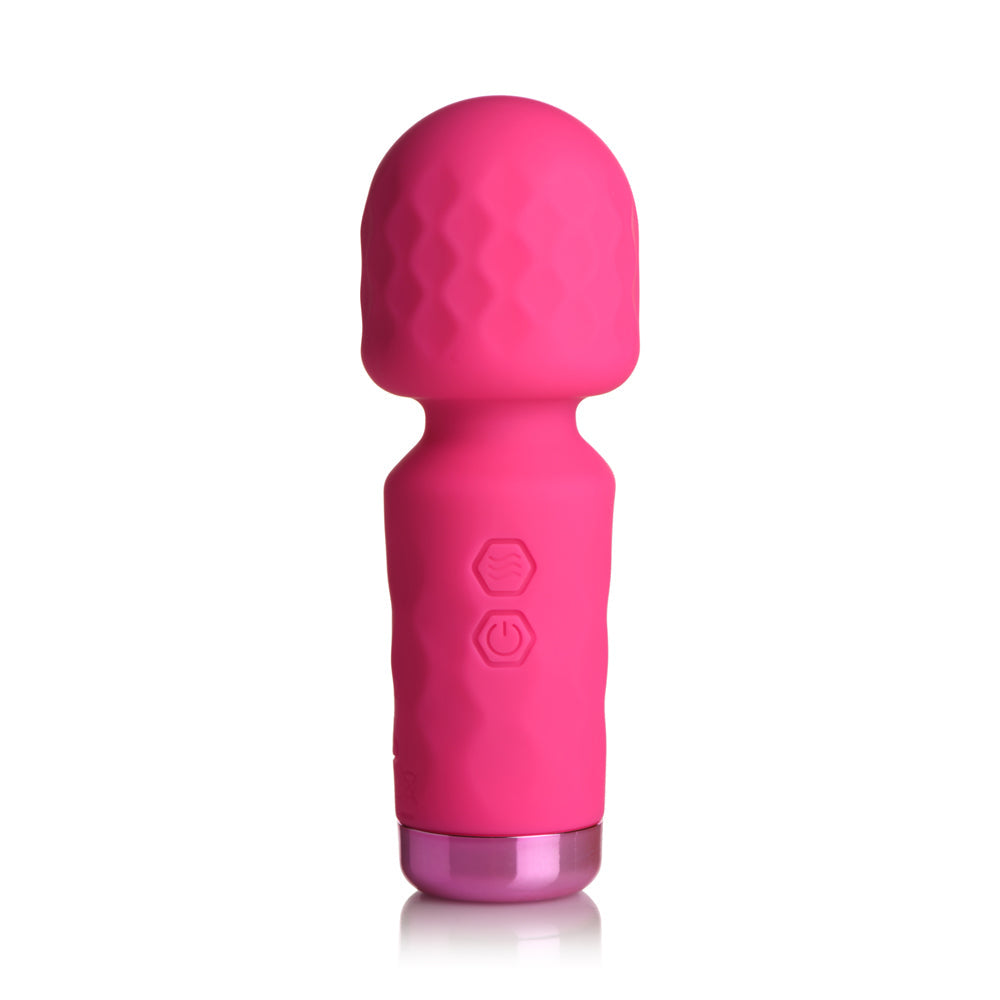 A pink silicone wand vibrator with textured head and two control buttons.