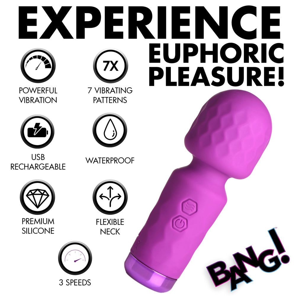 A purple wand vibrator with features like powerful vibration, USB rechargeable, and waterproof.