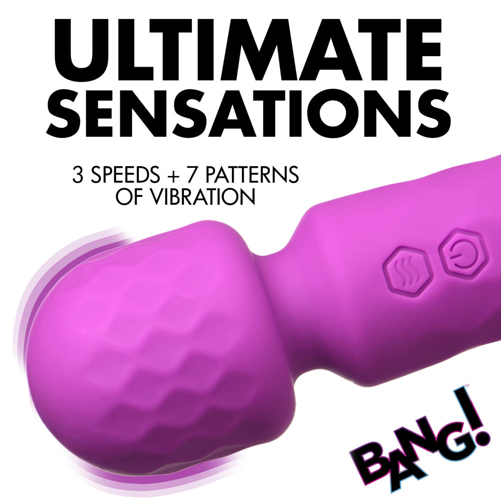 A purple mini wand vibrator with textured head and control buttons.