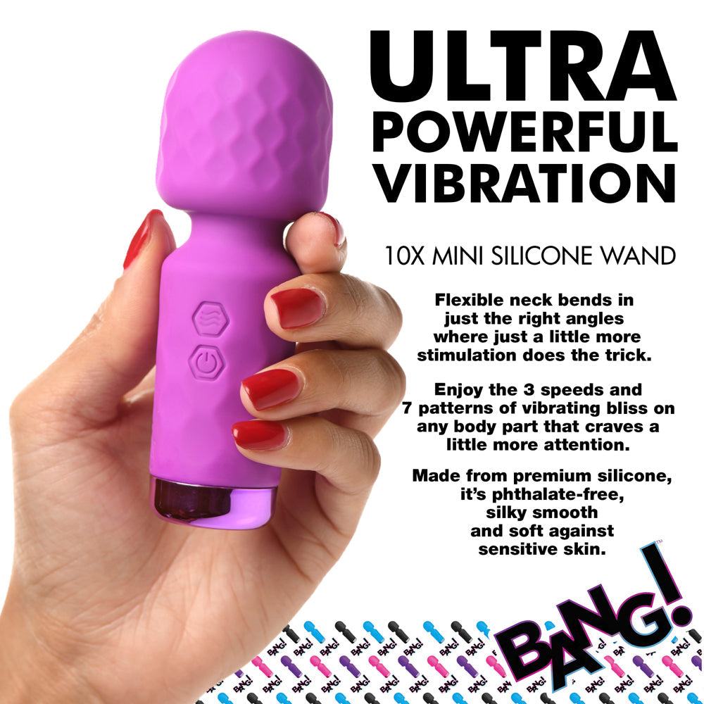A purple mini silicone wand vibrator with textured head and control buttons.
