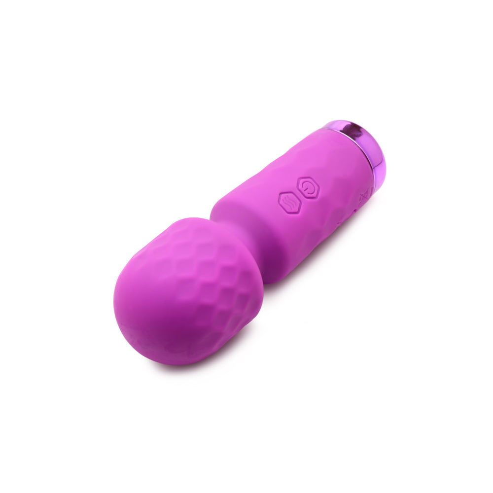 Purple silicone wand vibrator with textured head and control buttons.