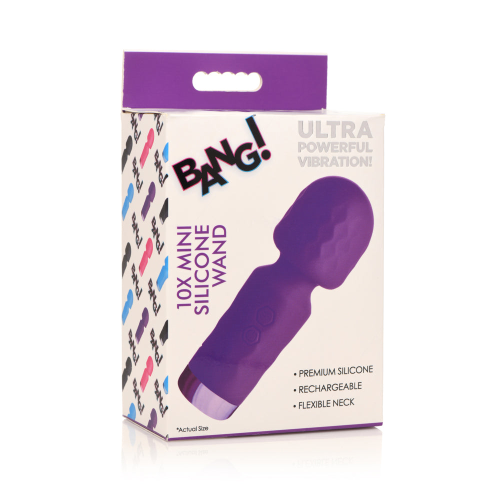 Purple mini silicone wand vibrator on its packaging.