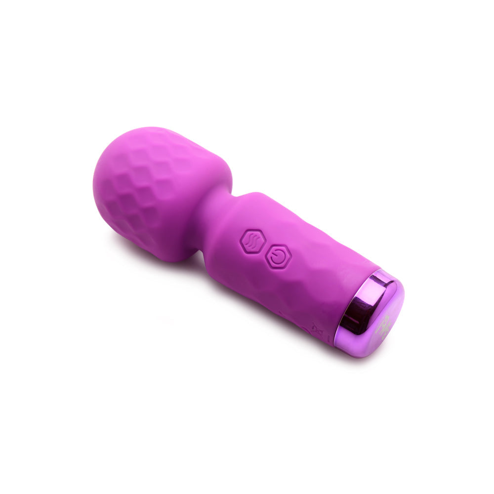 Purple silicone wand vibrator with textured head and control buttons.