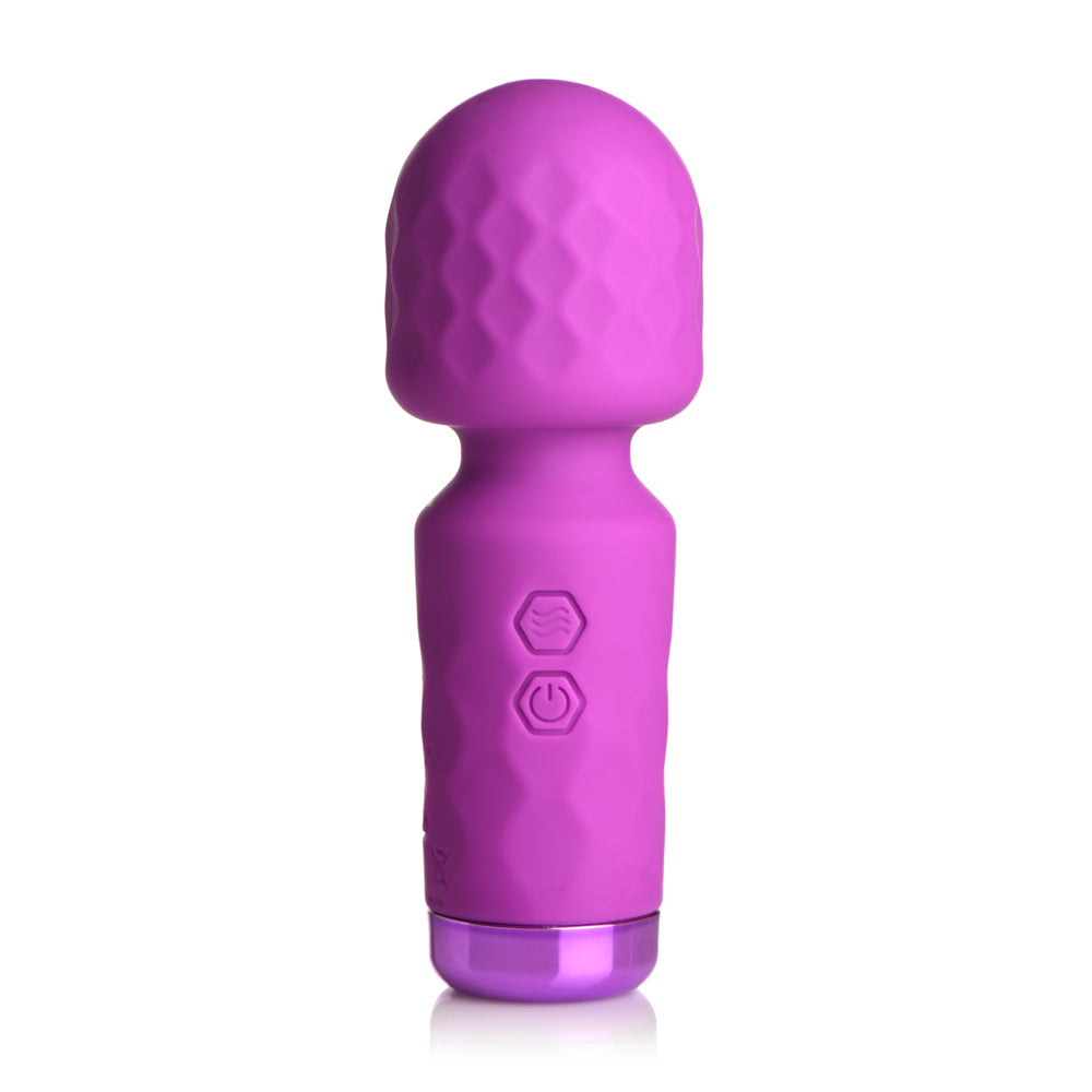 Purple silicone wand vibrator with textured head and control buttons.