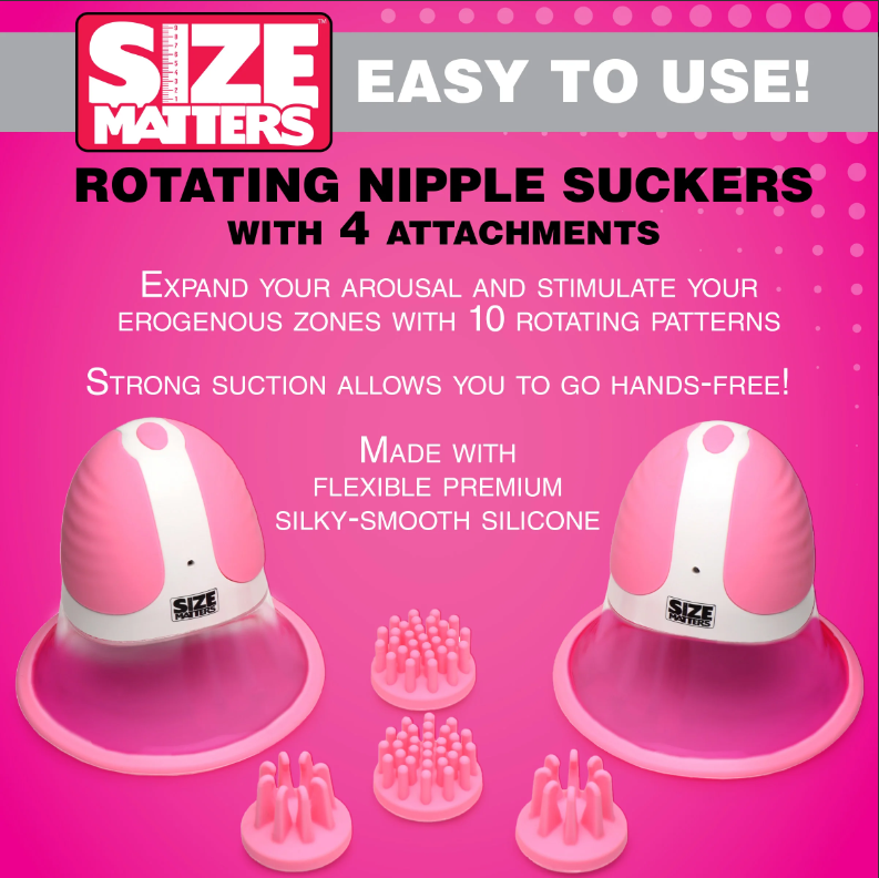 Pink rotating nipple suckers with four attachments made of silicone.