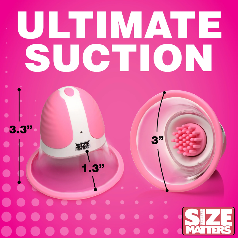 Pink rotating silicone nipple suckers with size dimensions.