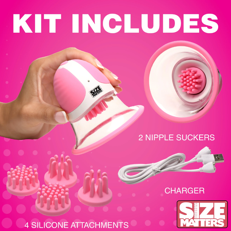Pink rotating silicone nipple suckers with attachments and charger.