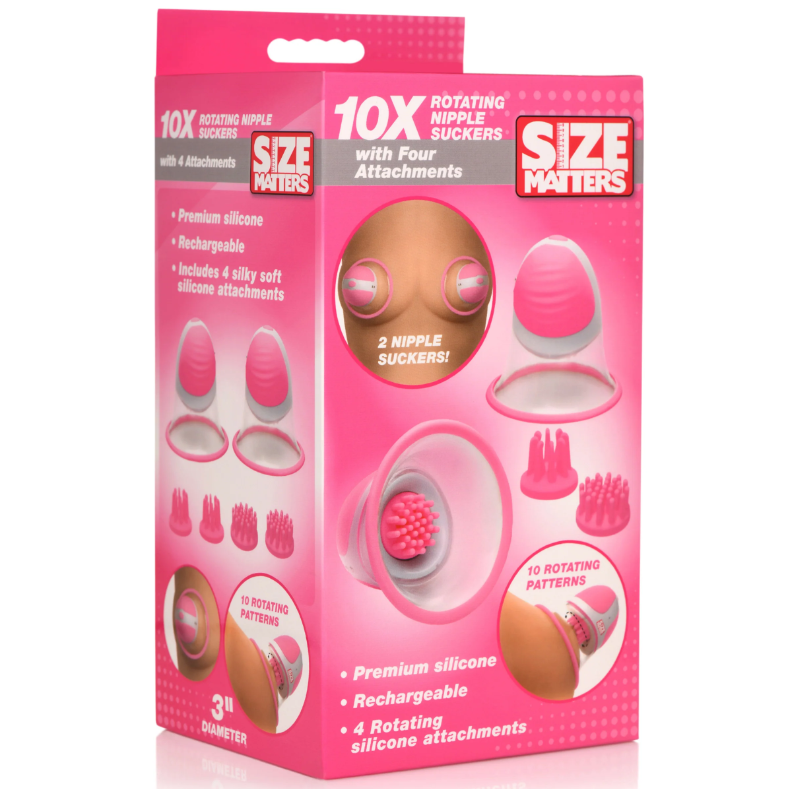 Pink rotating silicone nipple suckers with multiple attachments and patterns.