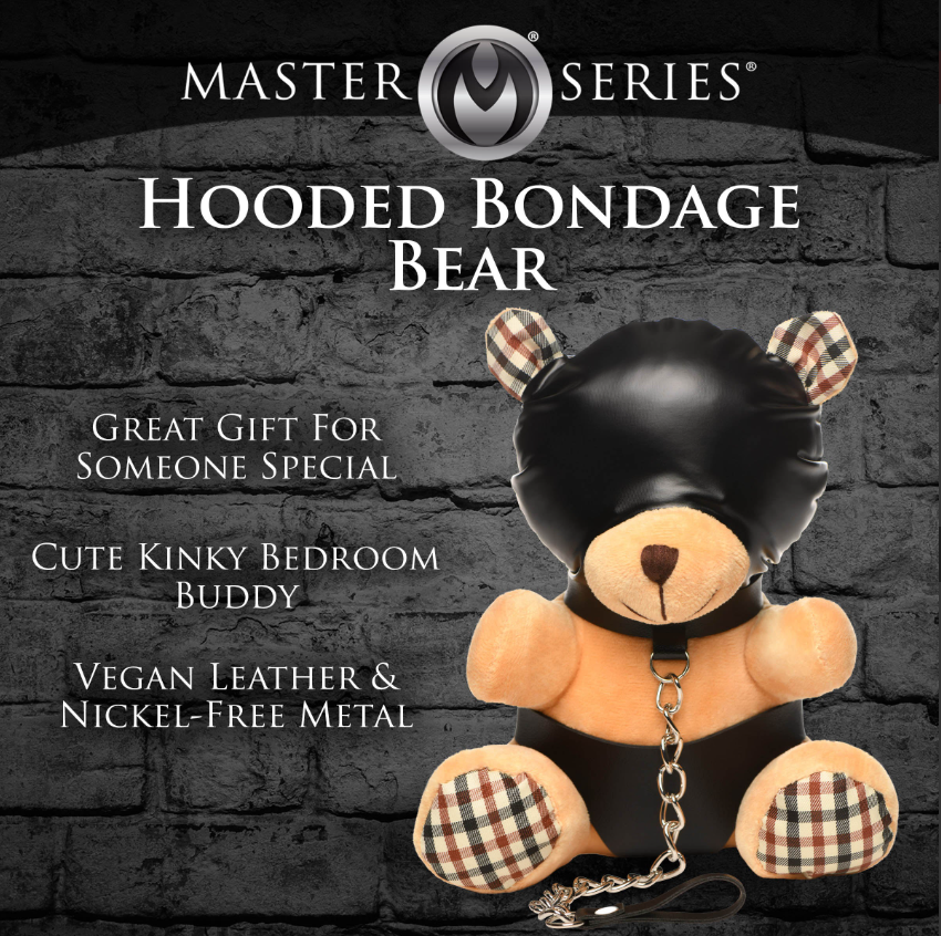 A plush teddy bear wearing a black hood and bondage attire with a leash.