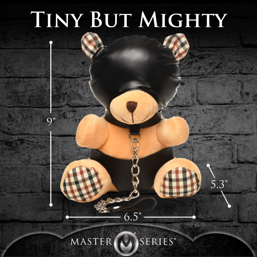 A plush teddy bear wearing a black hood and bondage attire with a chain leash.