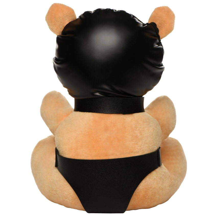 A plush teddy bear from behind wearing a black hood, collar, and underwear.
