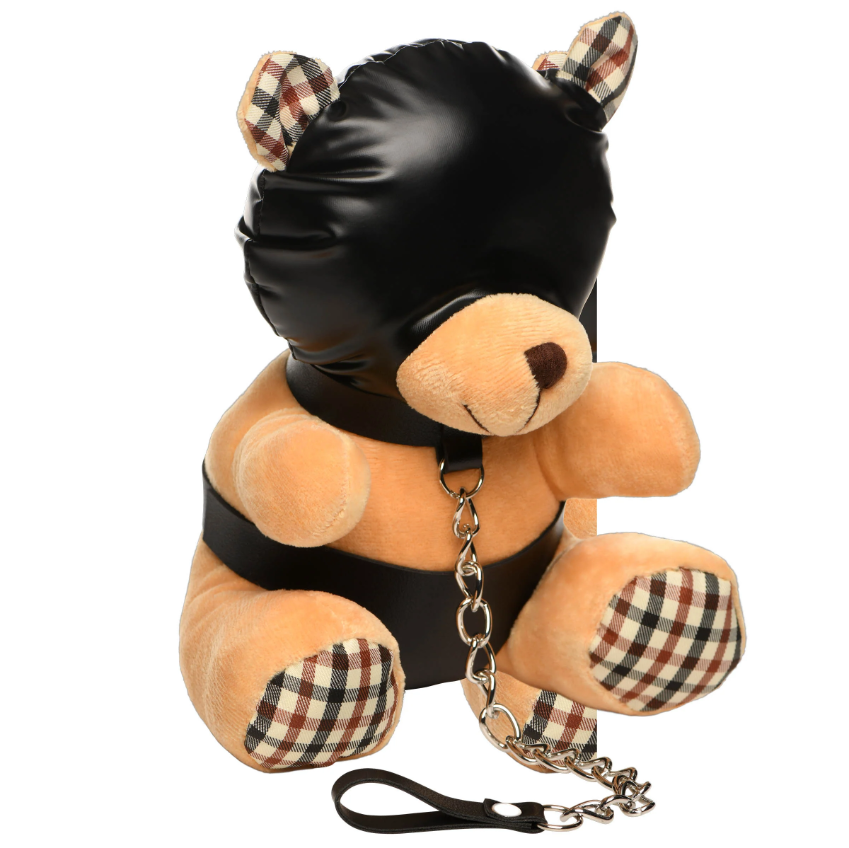 A plush teddy bear wearing a black hood and a chain leash.