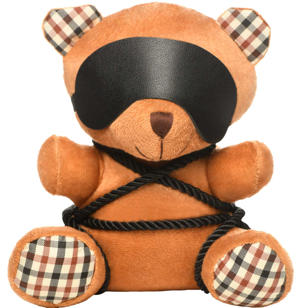 Brown teddy bear with black blindfold and rope accents.
