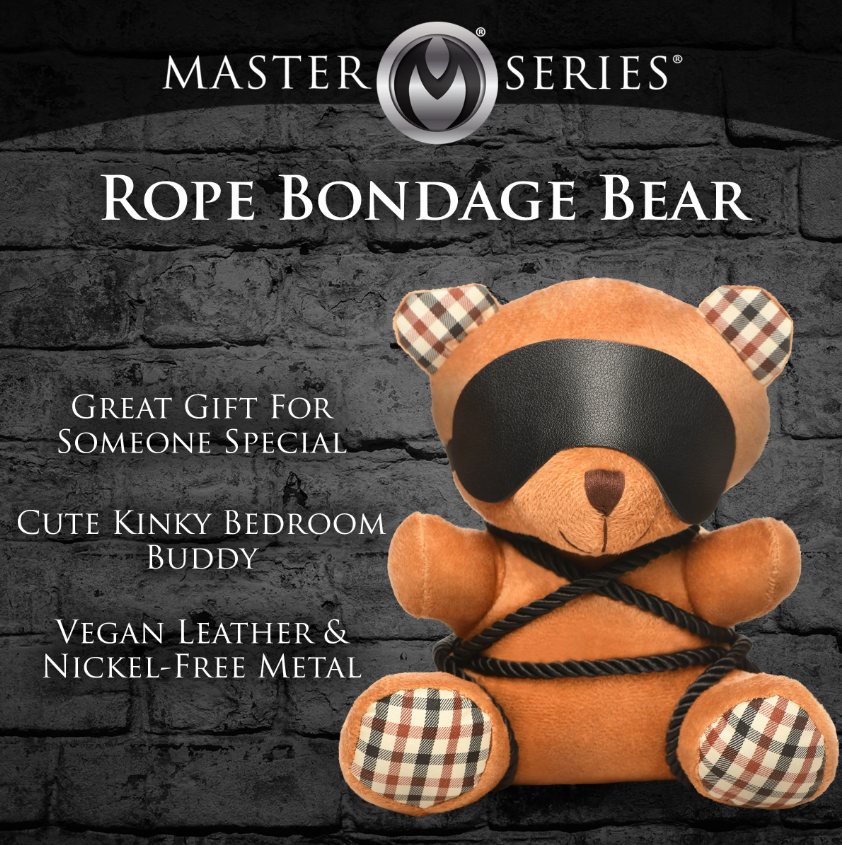 A brown teddy bear plush with a black blindfold and rope accents.