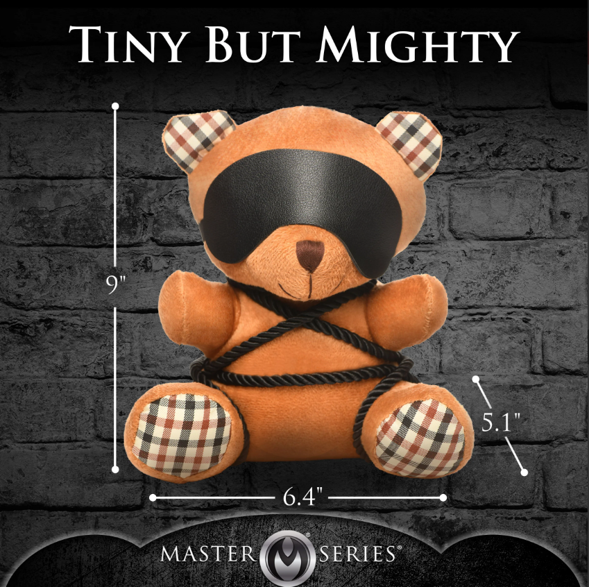 A brown teddy bear plush with a black blindfold and rope accents.