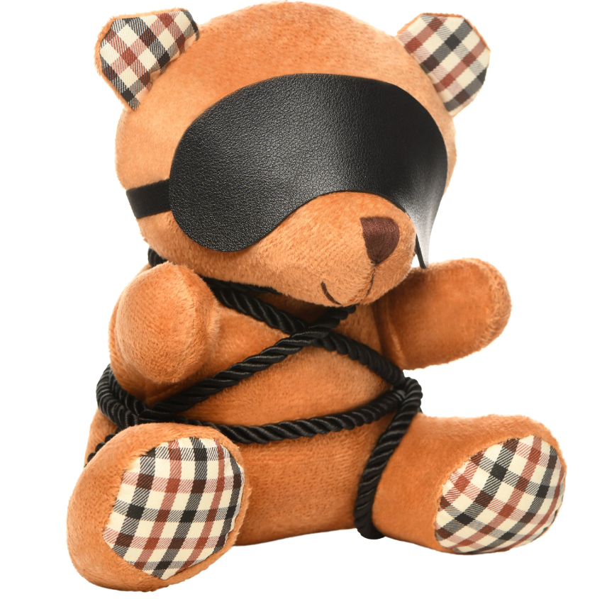 Brown teddy bear with black blindfold and rope accents.