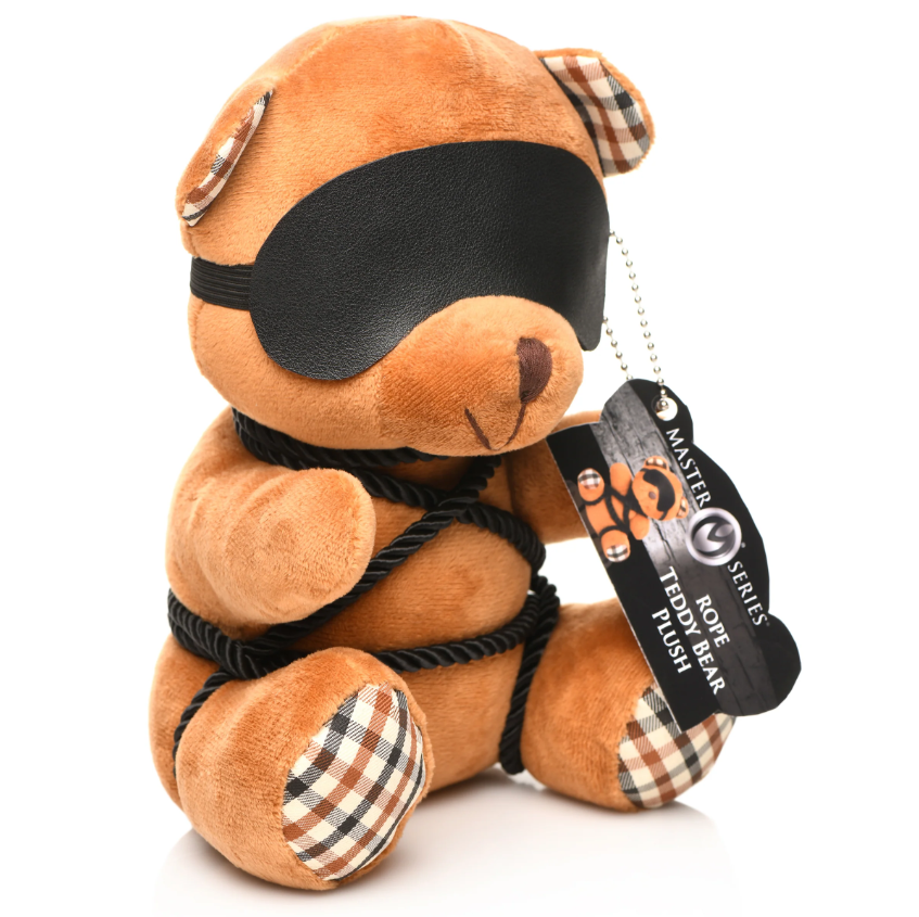 Brown teddy bear plush with a black blindfold and rope accents.