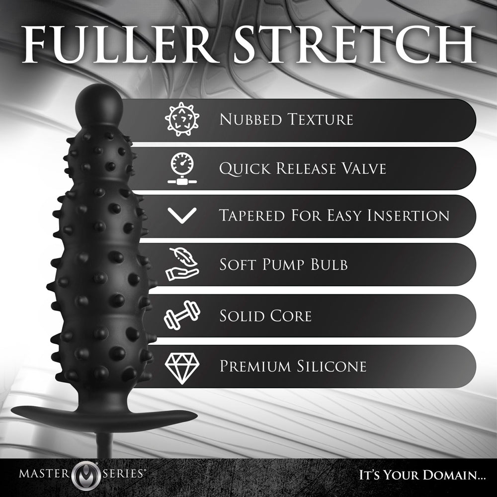 Inflatable nubbed silicone anal plug with quick release valve and tapered tip.
