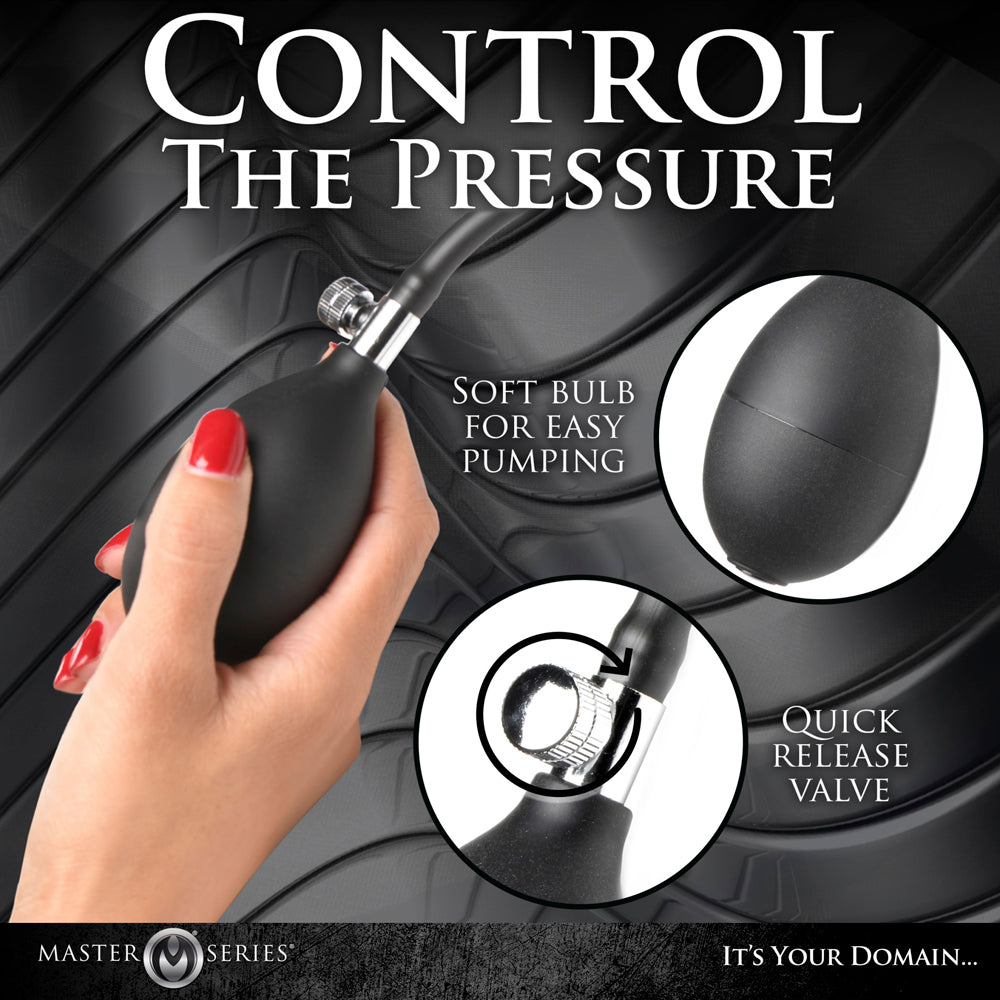 Inflatable nubbed silicone anal plug with a soft bulb for easy pumping and a quick release valve.