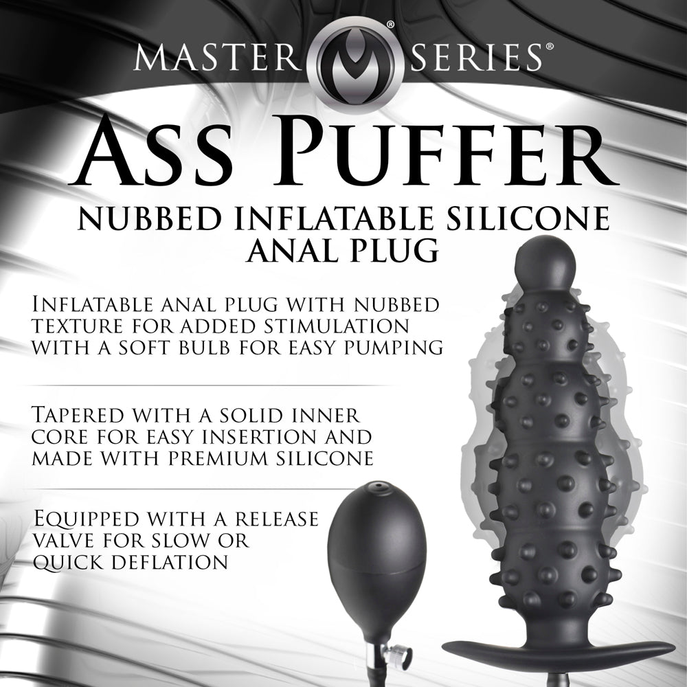 Master Series inflatable nubbed silicone anal plug with inflation bulb.
