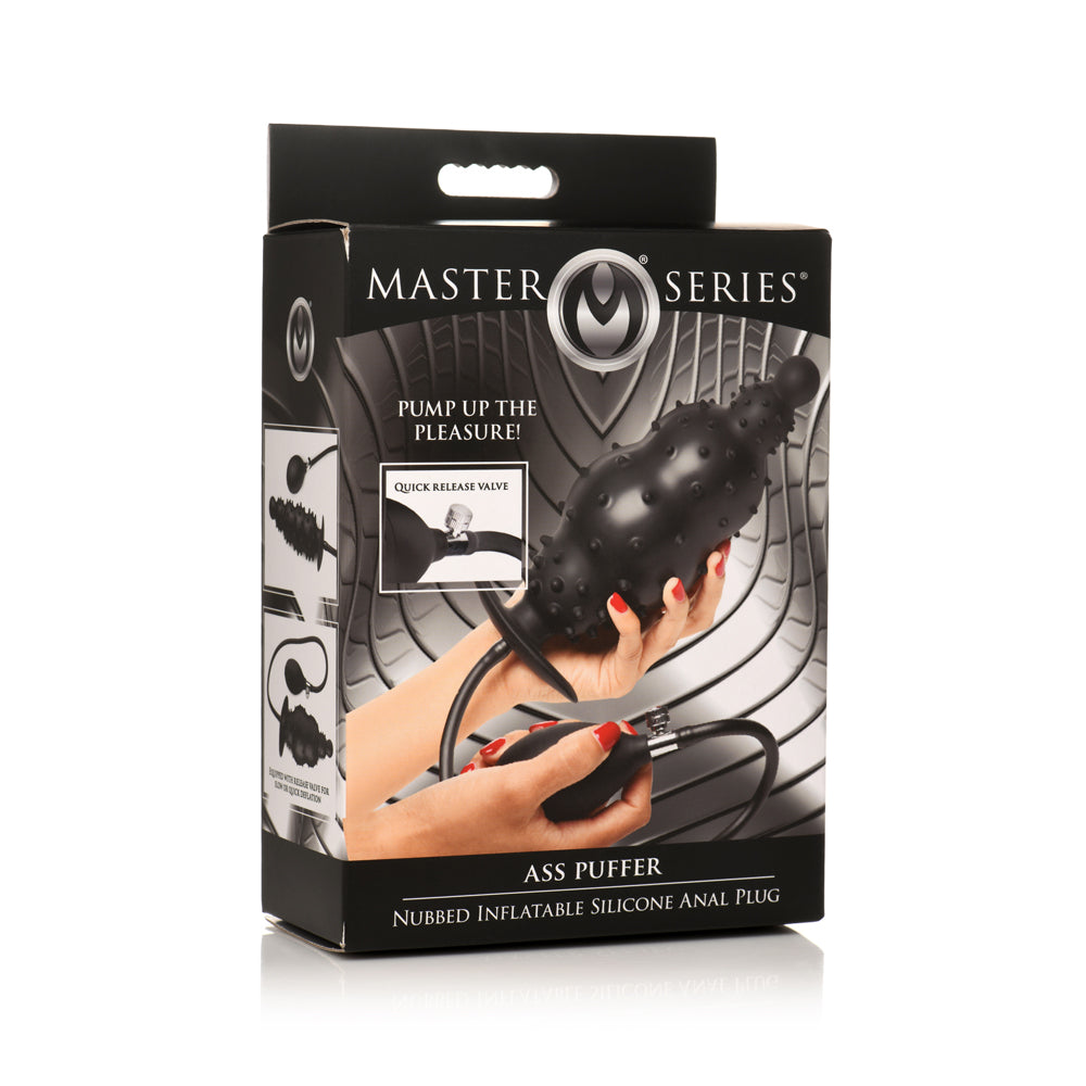 Black nubbed inflatable silicone anal plug with pump and quick release valve.