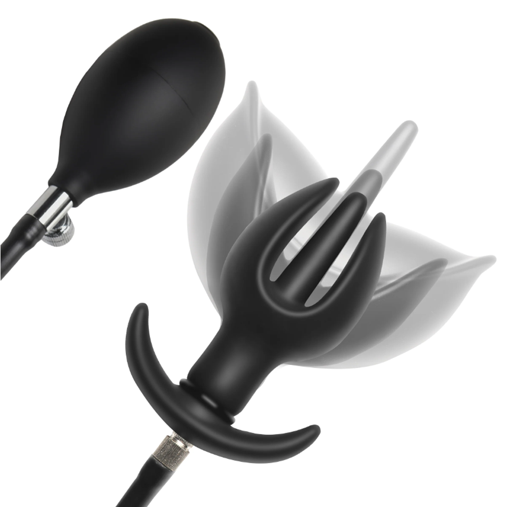 Black inflatable silicone anchor anal plug with a removable hose and bulb pump.