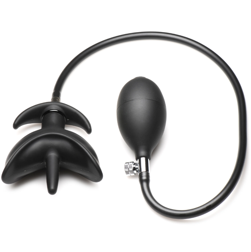 Black inflatable silicone anchor anal plug with a removable hose and bulb pump.
