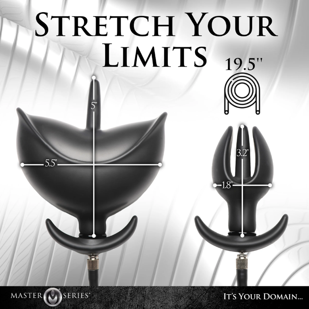 Two black inflatable silicone anal plugs with measurement indicators.