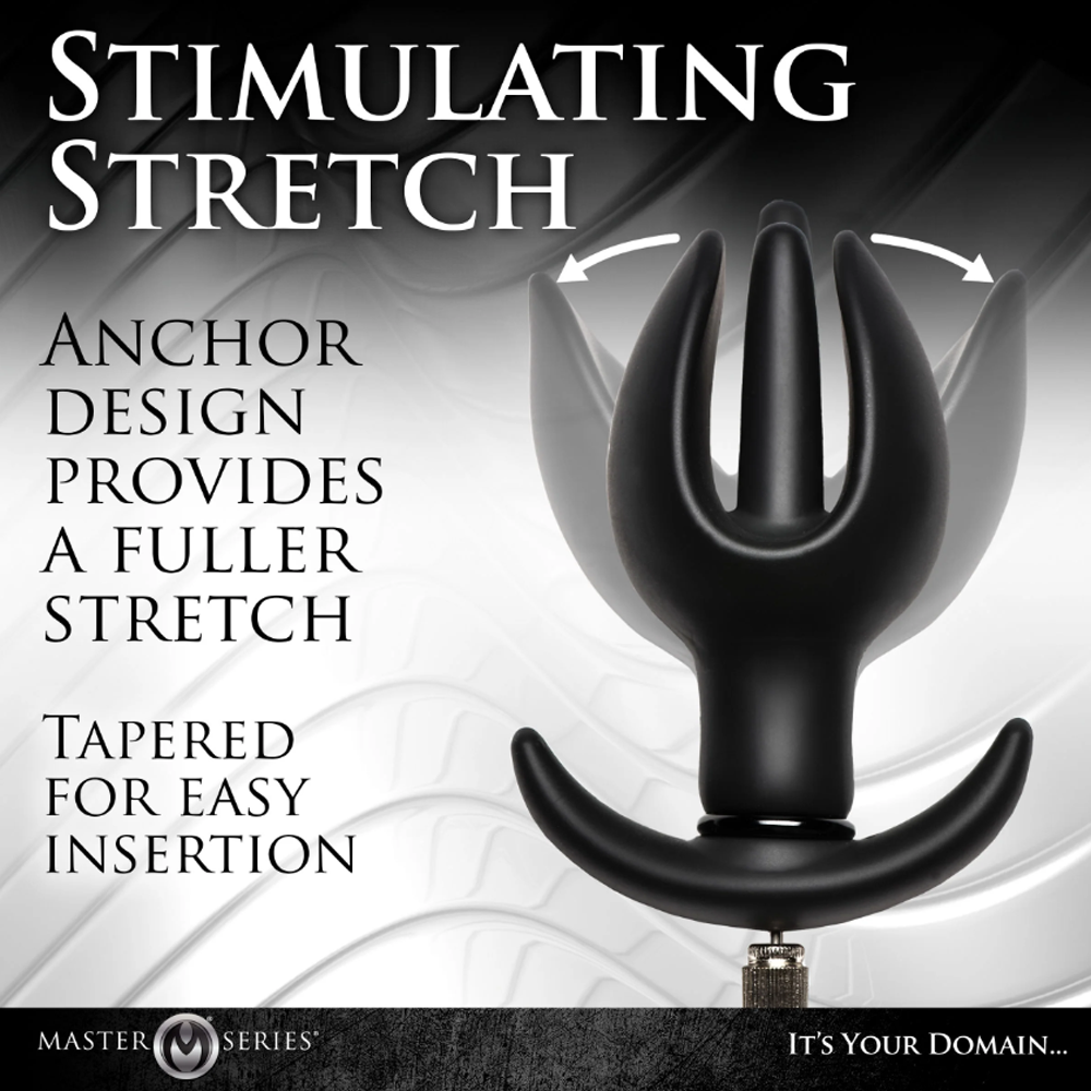 Black silicone anchor anal plug with a flanged base and textured inflation knob.