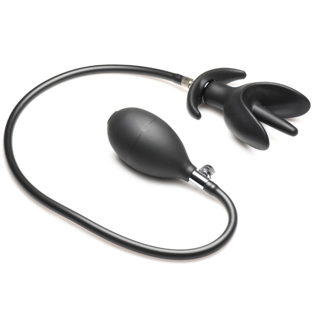 Black inflatable silicone anchor anal plug with a removable hose and bulb pump.