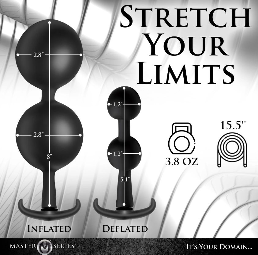 Inflatable silicone anal beads with pump, showing inflated and deflated states with dimensions.