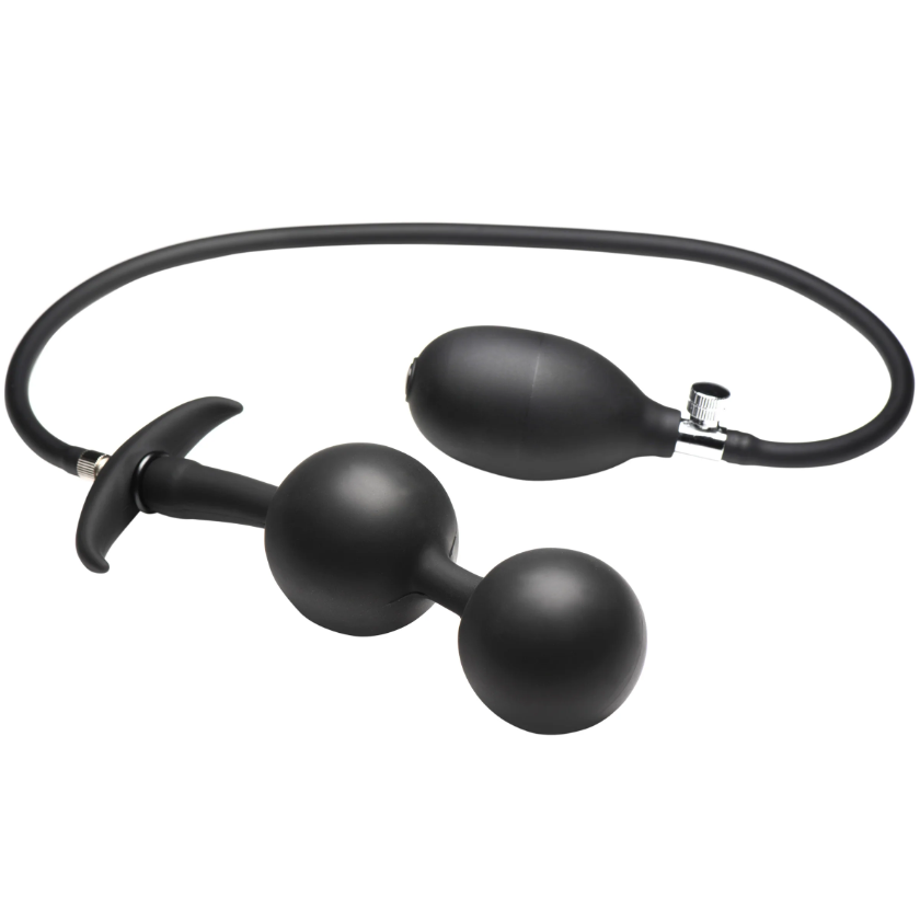 Black inflatable anal beads with a pump and a flanged base.