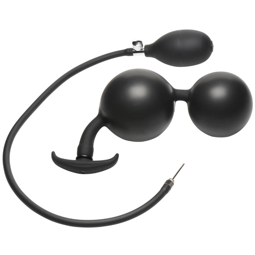 Black inflatable anal beads with a pump and T-shaped base.