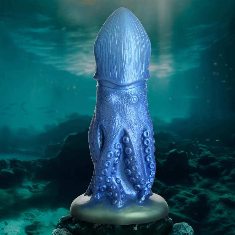 Blue octopus creature silicone dildo with suction cup base.