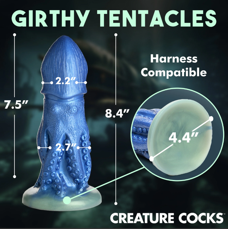 Blue octopus creature dildo with suction cup base and tentacle details.