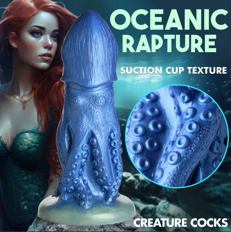 Blue octopus-shaped silicone dildo with suction cup base and textured tentacles.