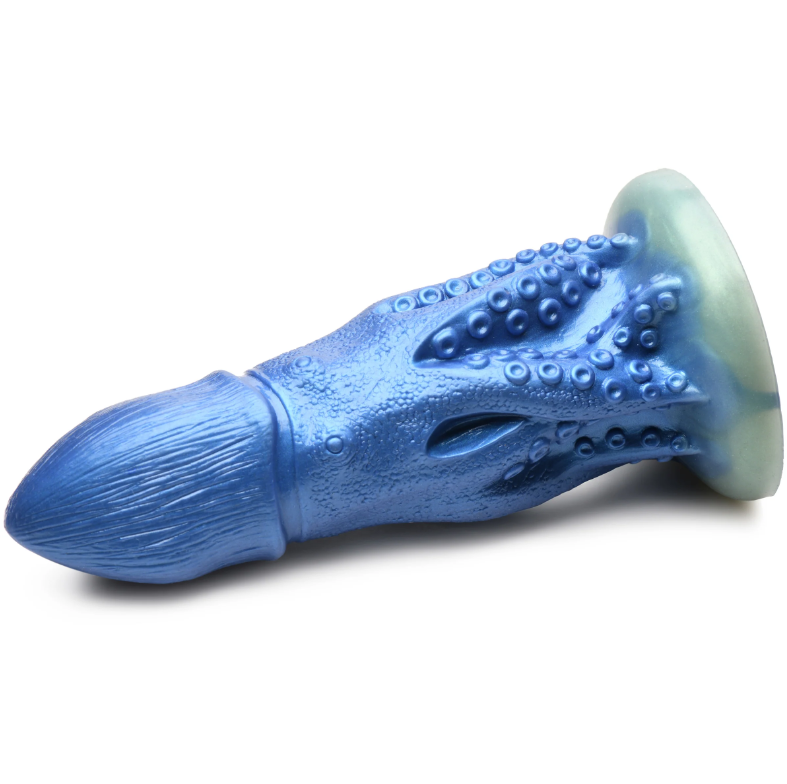Blue octopus creature silicone dildo with suction cup base.